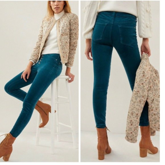 Anthropologie Pilcro High-Rise Button-Fly Blue Skinny Corduroy Pants NWT - Picture 2 of 8